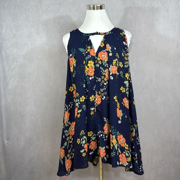 Jodifl Navy Blue Floral Short Sleeveless Tunic Dress Small keyhole Neck Boho - Picture 9 of 10